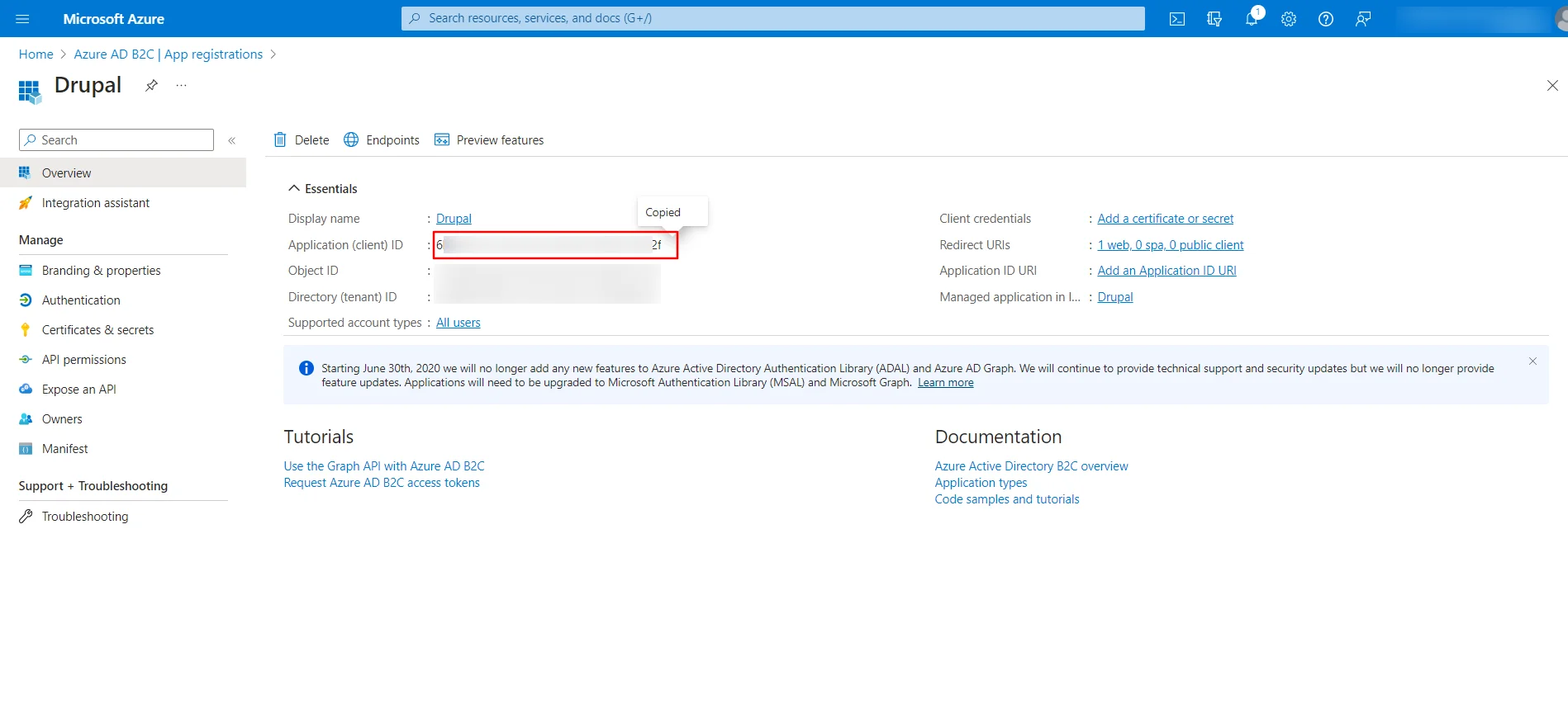 Microsoft Azure B2C - Copy the Application ID