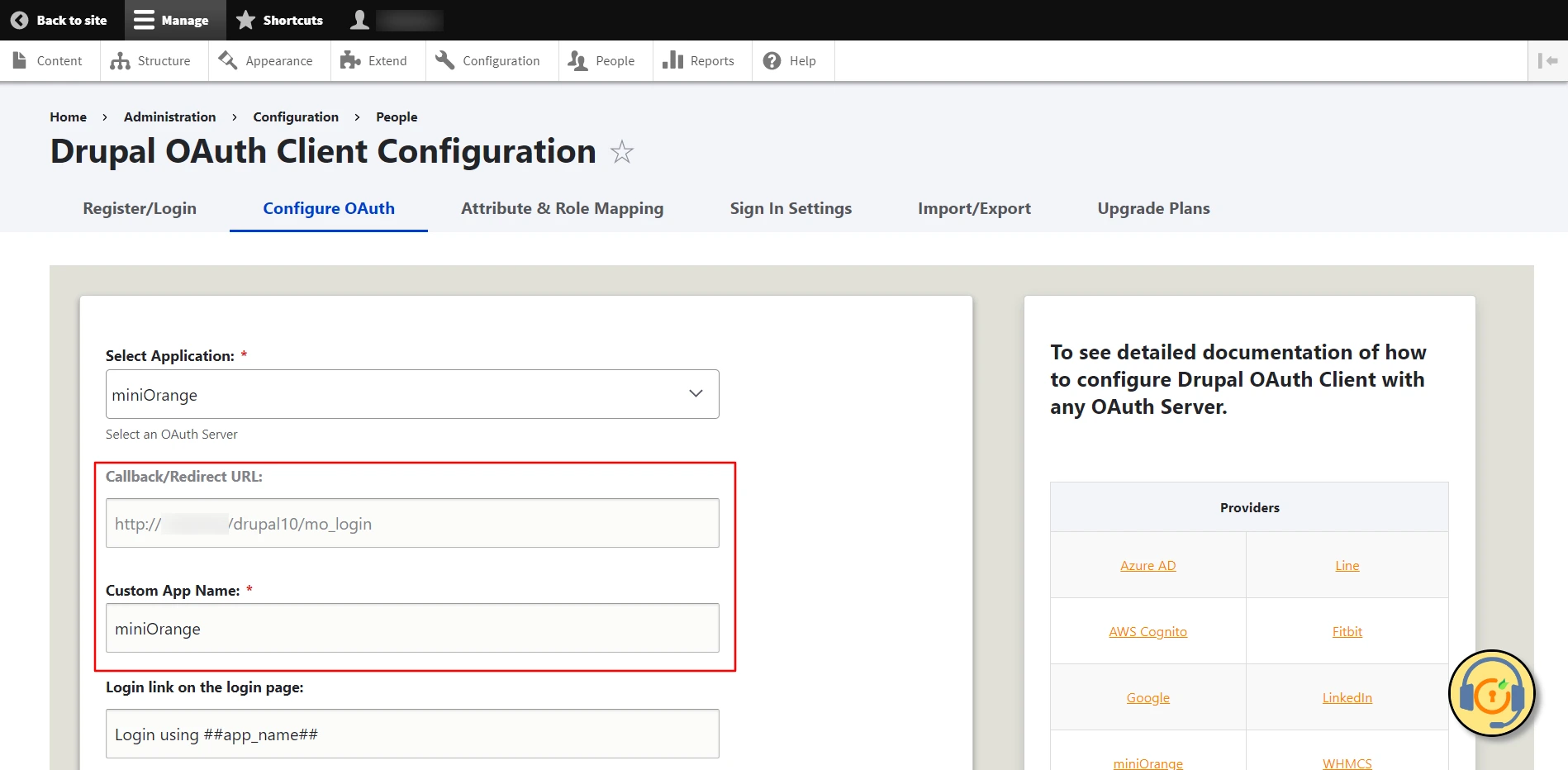 Drupal OAuth Client - Configure OAuth tab Select miniOrange and copy the Callback URL