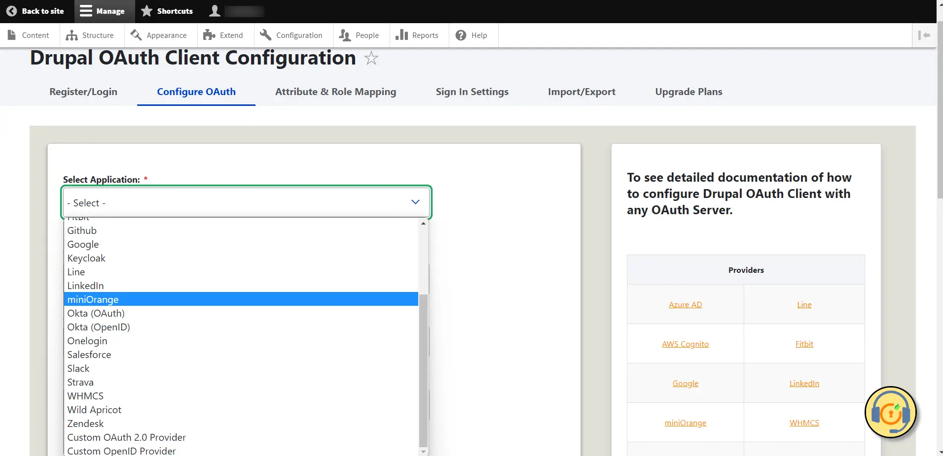 Drupal OAuth Client - Configure OAuth tab Select miniOrange