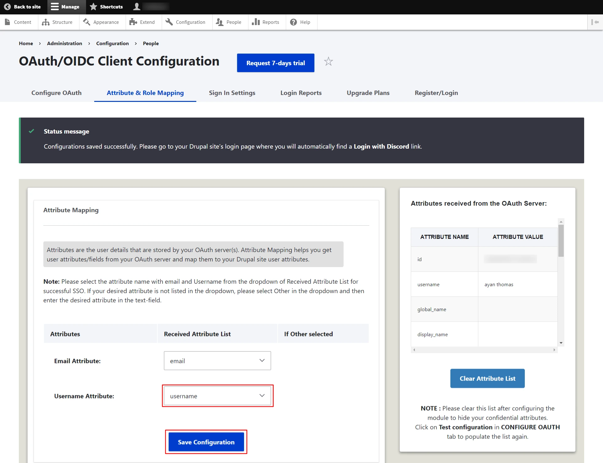 Drupal OAuth OpenID Single Single On Select Username Attribute From Attribute and Role Mapping tab