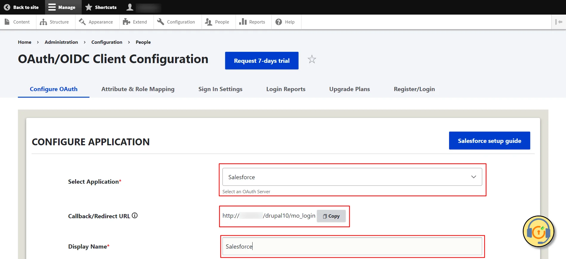 Drupal OAuth Client - Configure OAuth tab Select Salesforce and copy the Callback URL