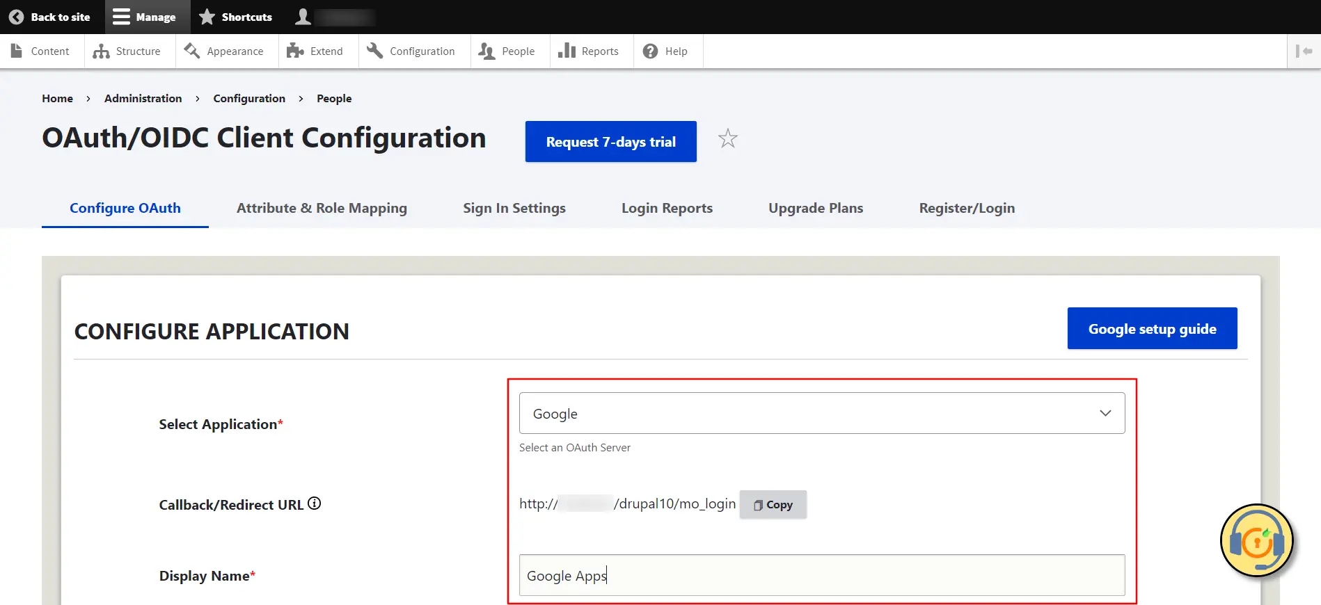 Drupal OAuth Client - Configure OAuth tab Select Google and copy the Callback URL