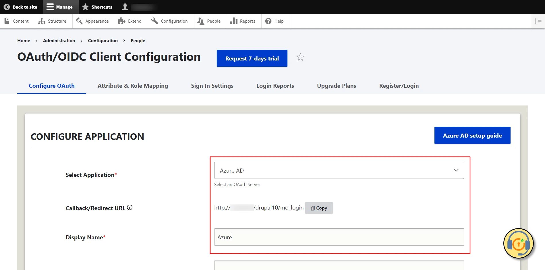 Drupal OAuth Client - Configure OAuth tab Select Azure AD and copy the Callback URL