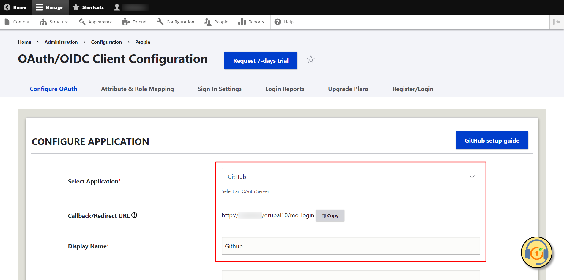 Drupal OAuth Client - Configure OAuth tab Select Github and copy the Callback URL