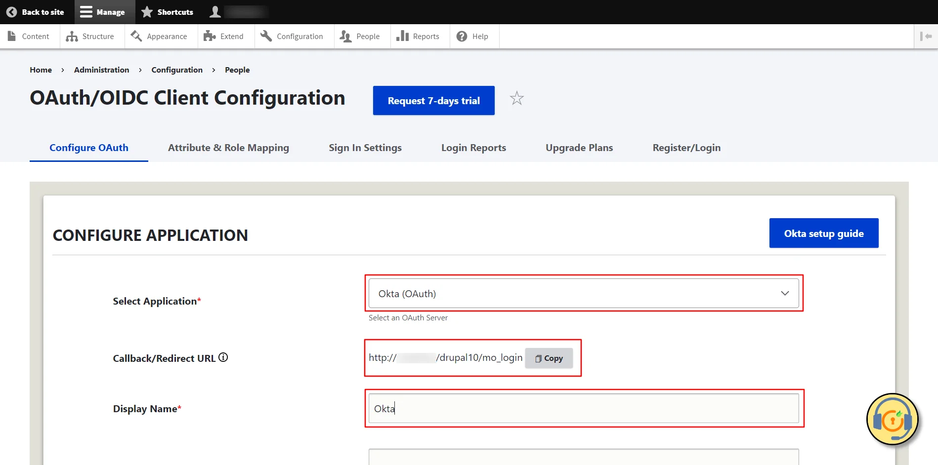 Drupal OAuth Client - Configure OAuth tab Select Okta and copy the Callback URL