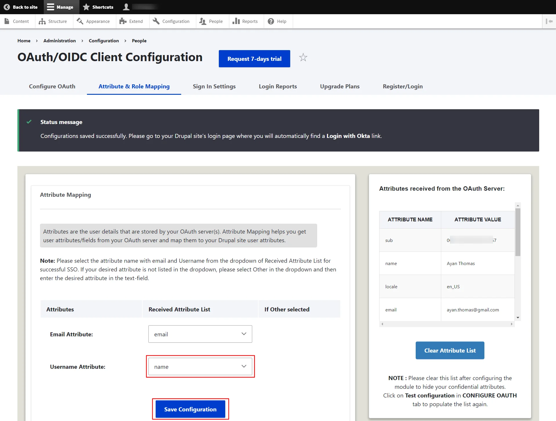 Okta sso login with drupal OAuth OpenID Single Single On - Select Username Attribute from Attribute and Role Mapping tab