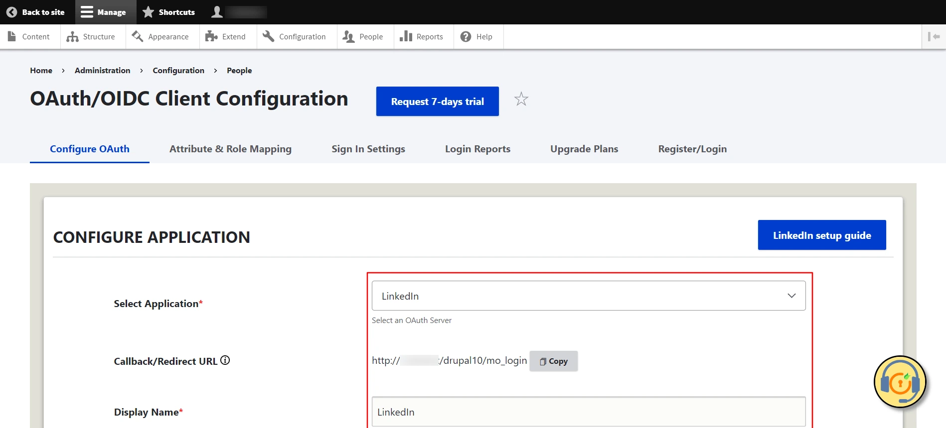 Drupal OAuth Client - Configure OAuth tab Select linkedin and copy the Callback URL