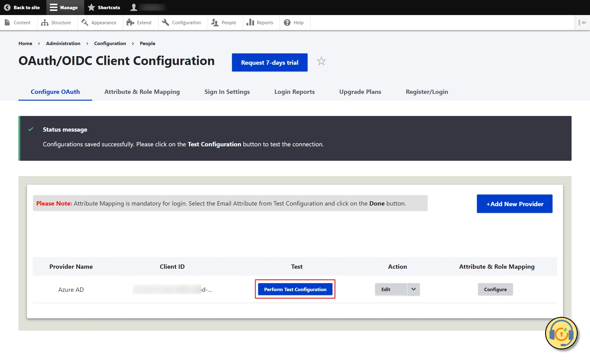 Drupal site - Click on Perform Test Configuration button