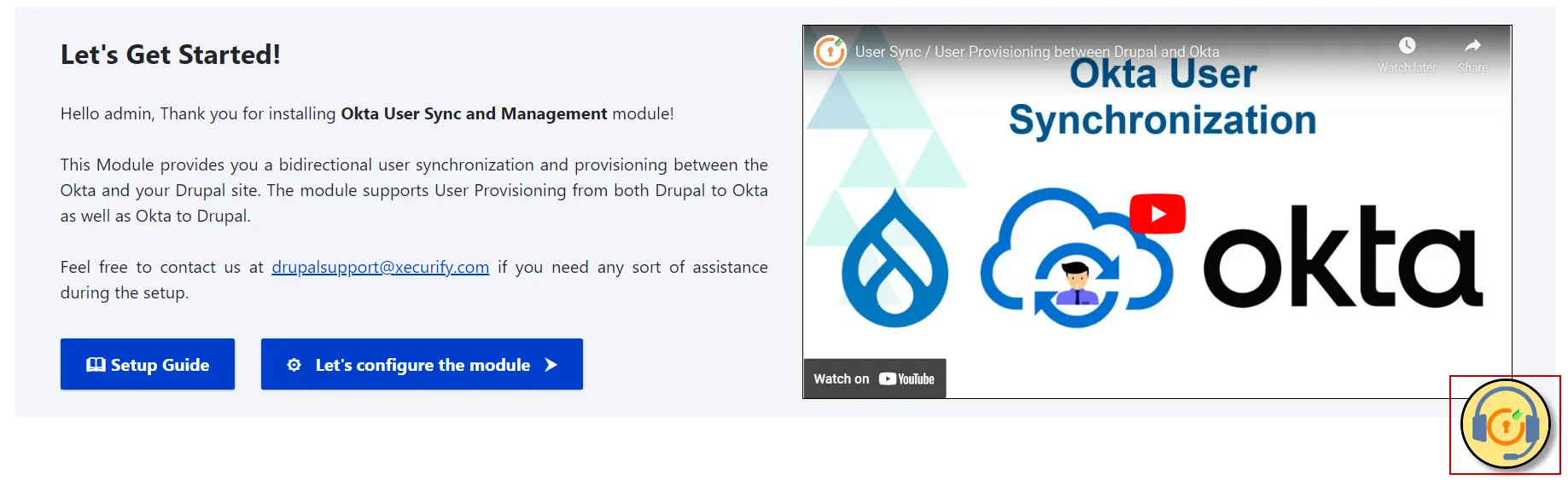 drupal okta user provisioning and sync - click on miniorange support icon