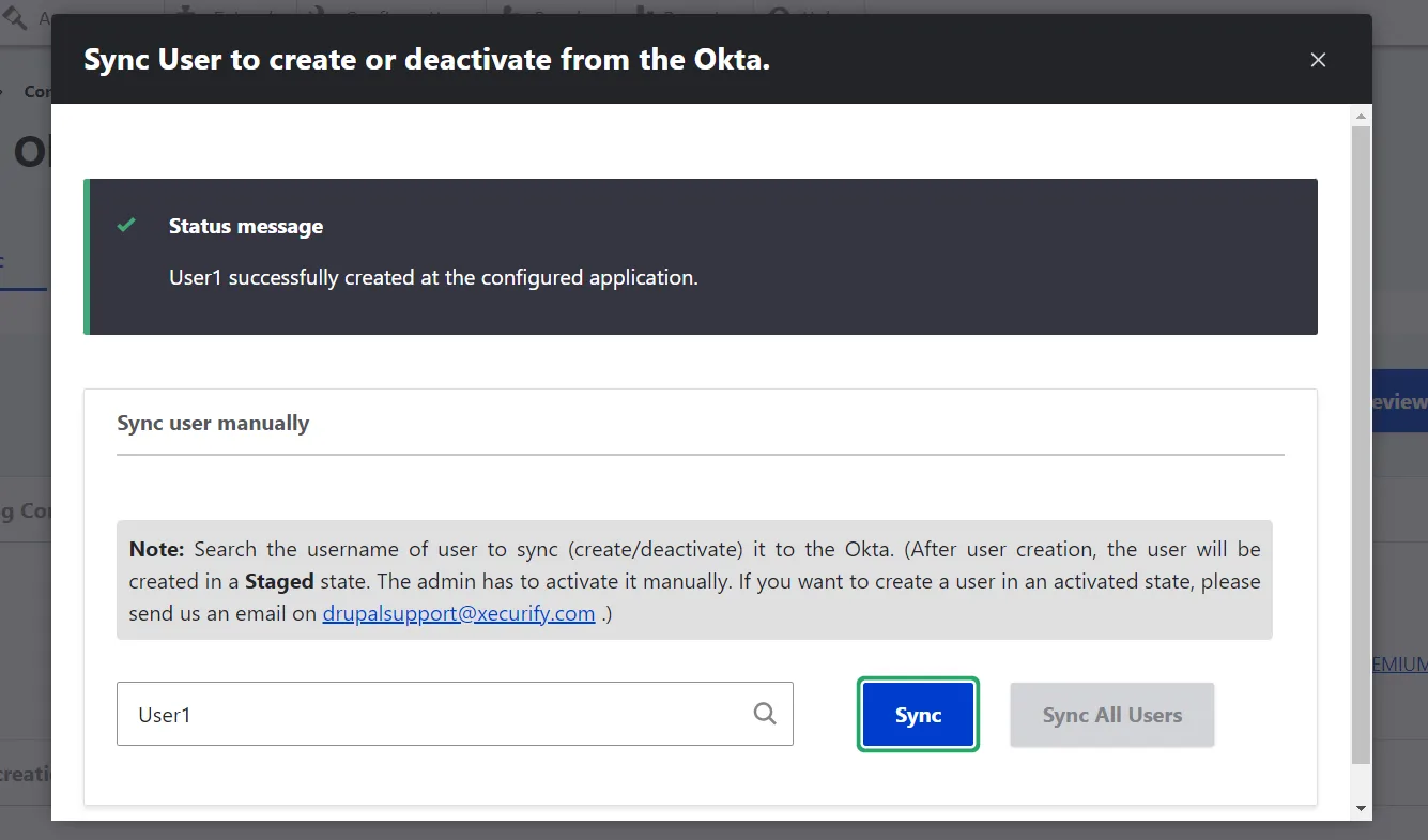 drupal okta user provisioning and sync - enter the username and click on the Sync