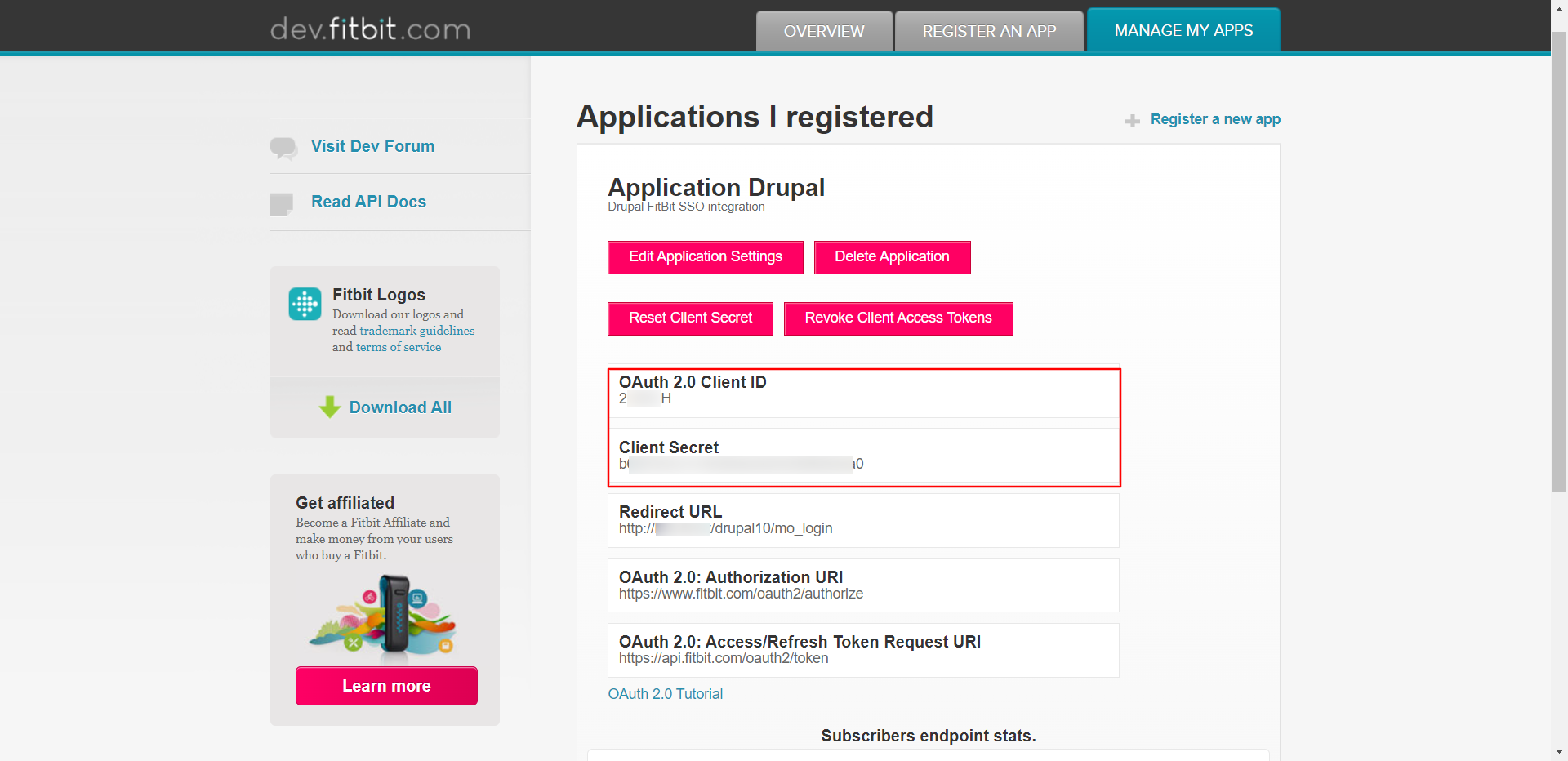 FitBit SSO Application Copy Client ID And Client Secret