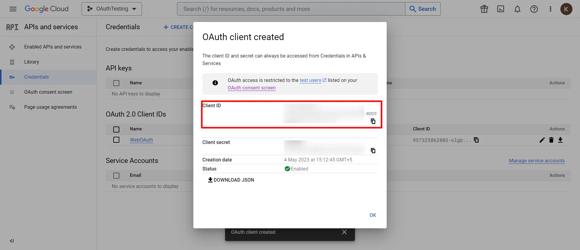 Google Apps - In OAuth clien Created popup, copy client ID