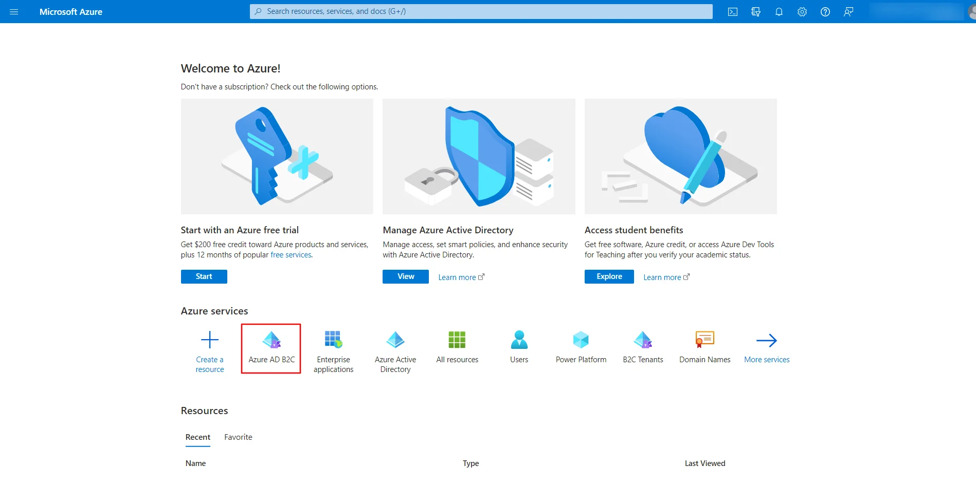 Microsoft Azure Home - Select Azure AD B2C