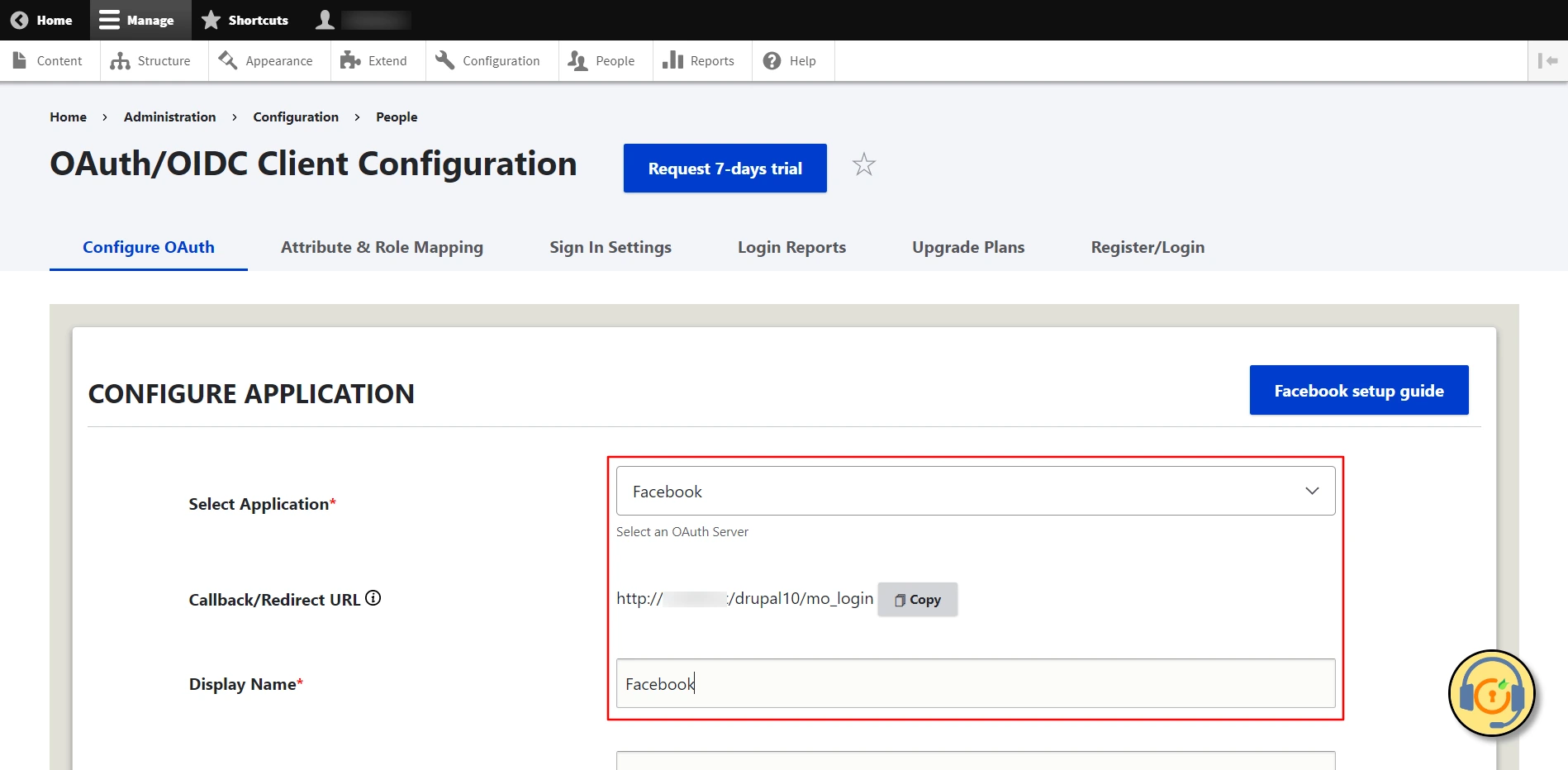 Drupal OAuth Client - Configure OAuth tab Select Facebook and copy the Callback URL