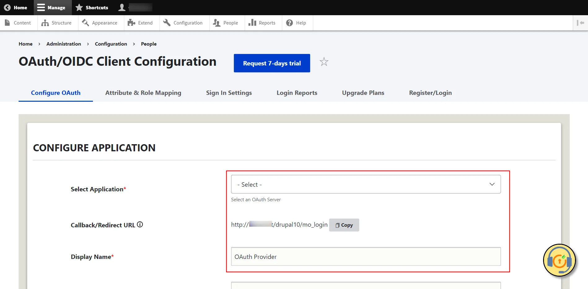 Drupal OAuth Client - Configure OAuth tab Select Application and copy the Callback URL
