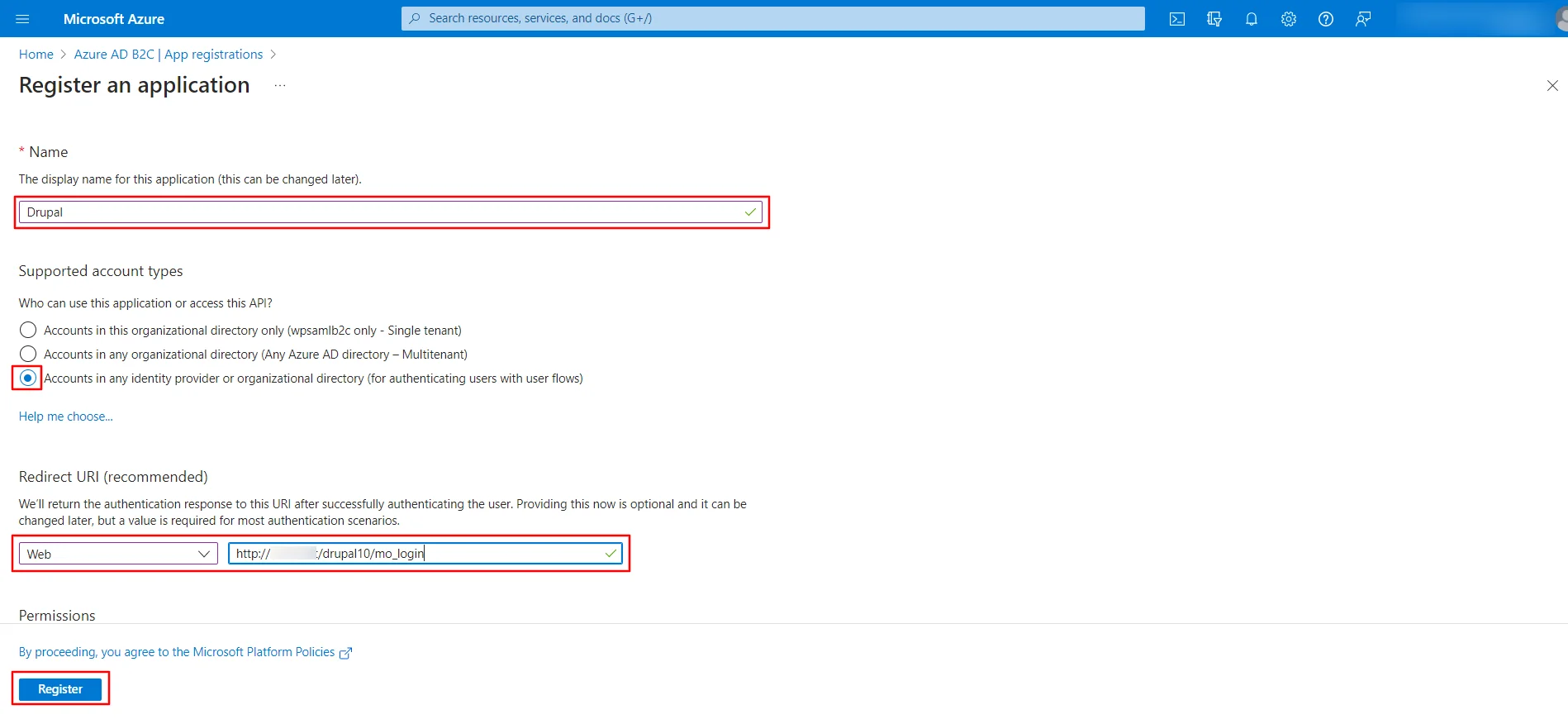 Microsoft Azure AD B2C portal, Enter required information in Register an application window
