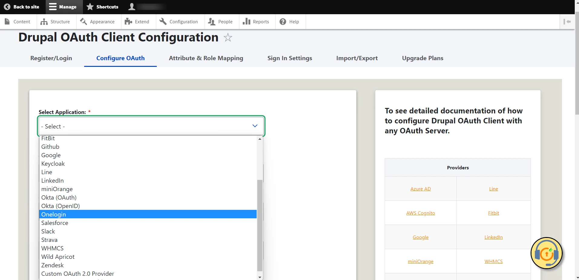 Drupal OAuth Client - Configure OAuth tab Select Onelogin