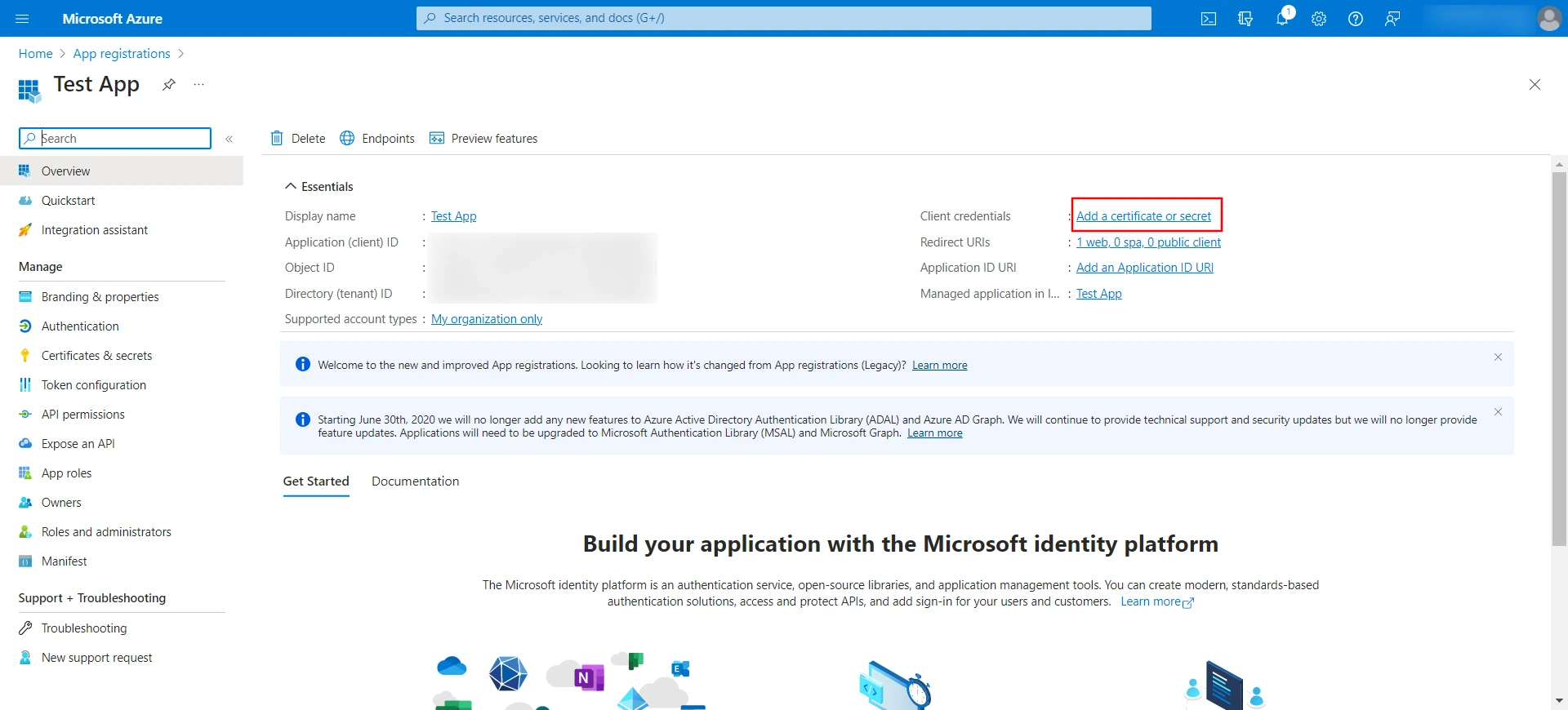 Azure AD portal - Click on Add a certificate or secret link
