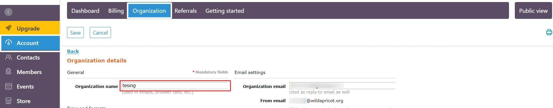 WildApricot Application - Copy the Organization name