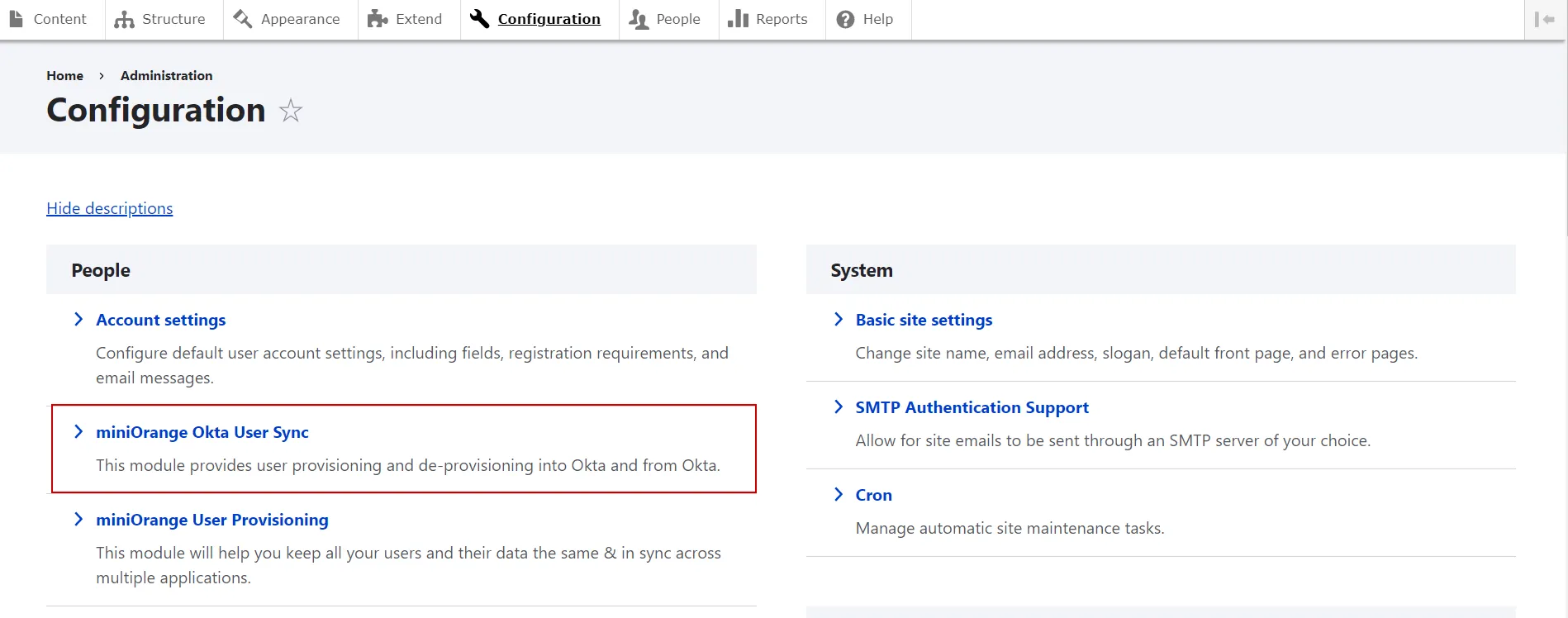 drupal Okta user provisioning and sync - go to configuration tab and select okta sync module
