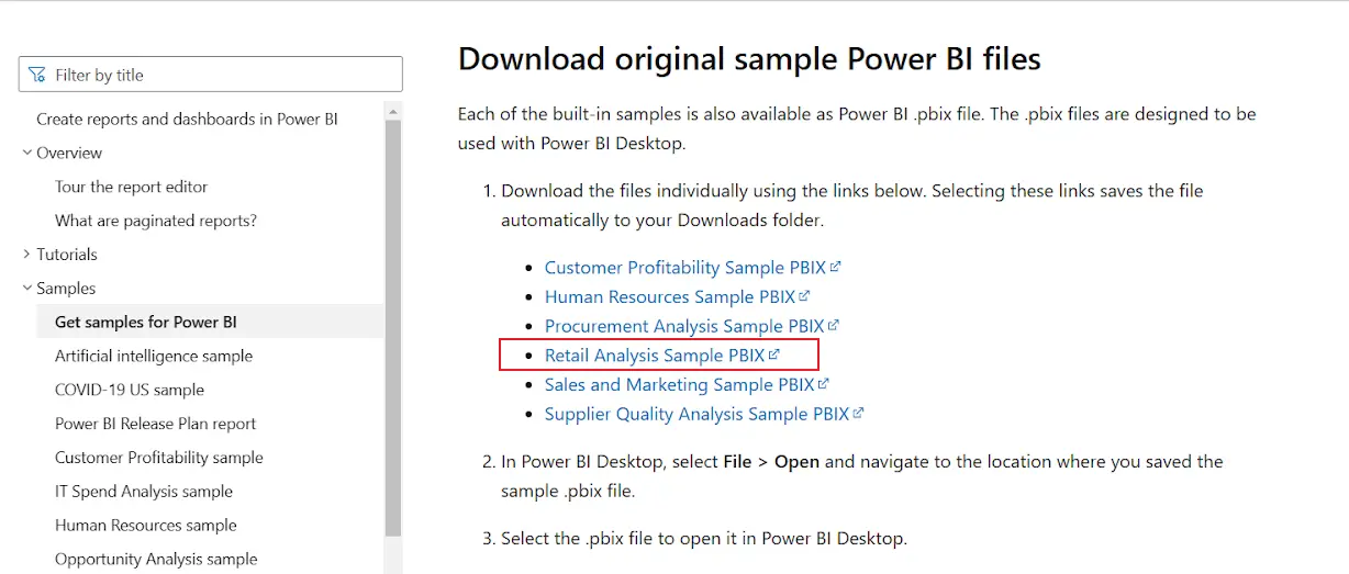 WordPress power bi desktop application - click on sample data to download