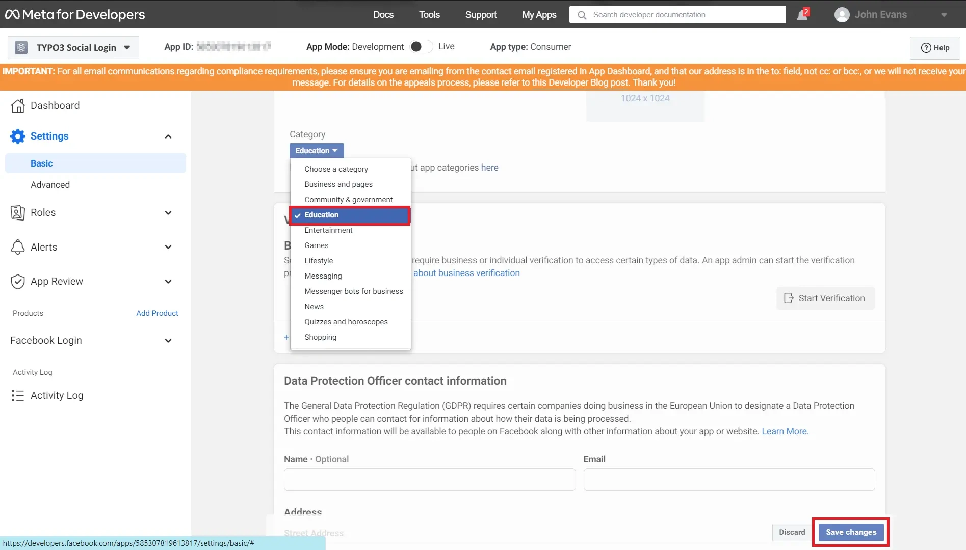 TYPO3 facebook login select category of the app  | TYPO3 Facebook login
