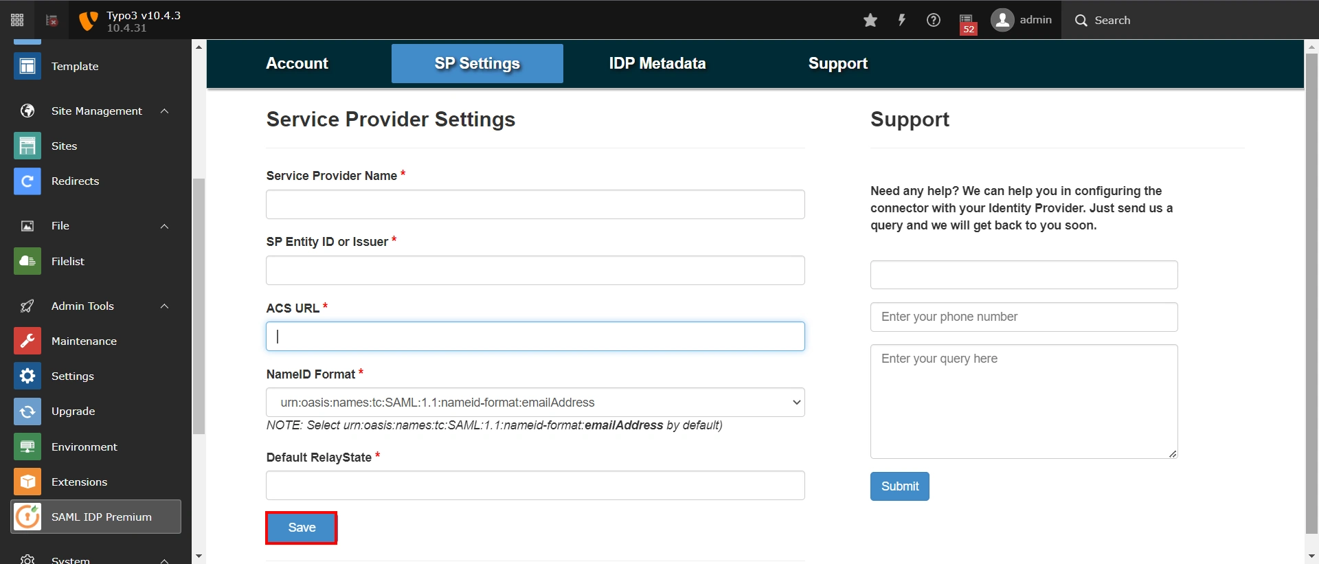 Moodle Single Sign-On - download xml metadata file and upload it service provider setup tab of TYPO3