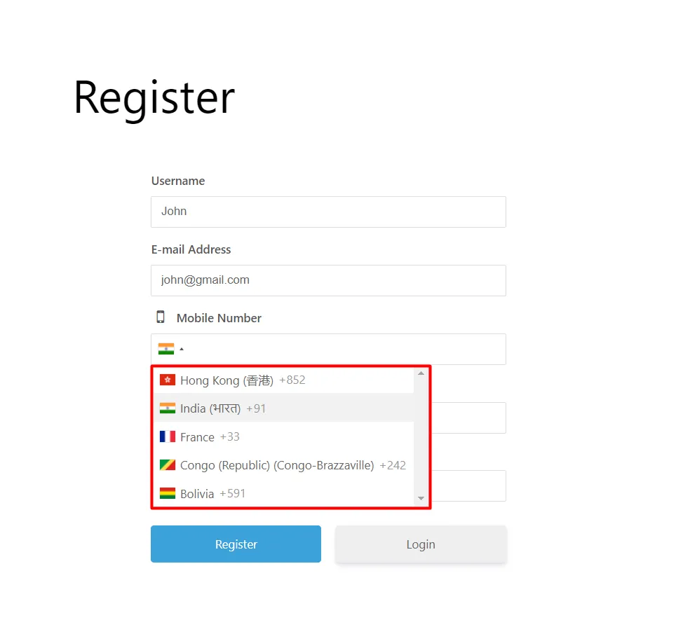 Country OTP - selected countries in registration form