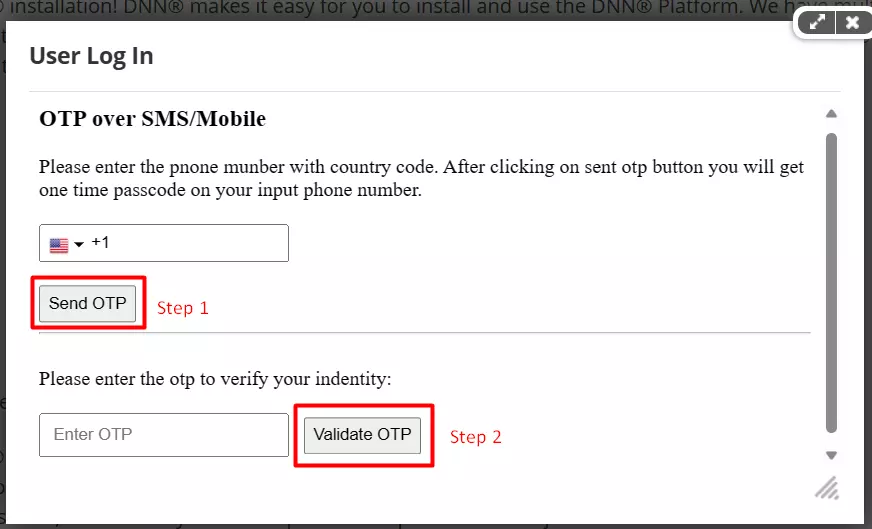 DotNetNuke Two Factor Authentication (2FA) for OTP over SMS | DotNetNuke 2FA | DNN 2FA - Enter phone number