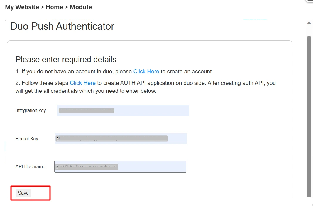DotNetNuke Two Factor Authentication (2FA) using Duo Push Notification - Enter Integration and API key
