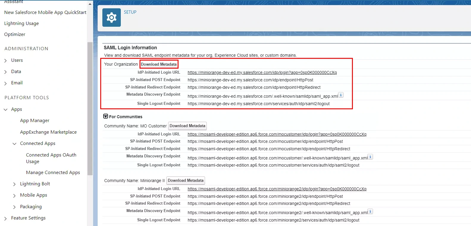 Inicio de sesión único (SSO) de Joomla SAML utilizando el proveedor de identidad de Salesforce, descarga de metadatos de proveedores de identidad