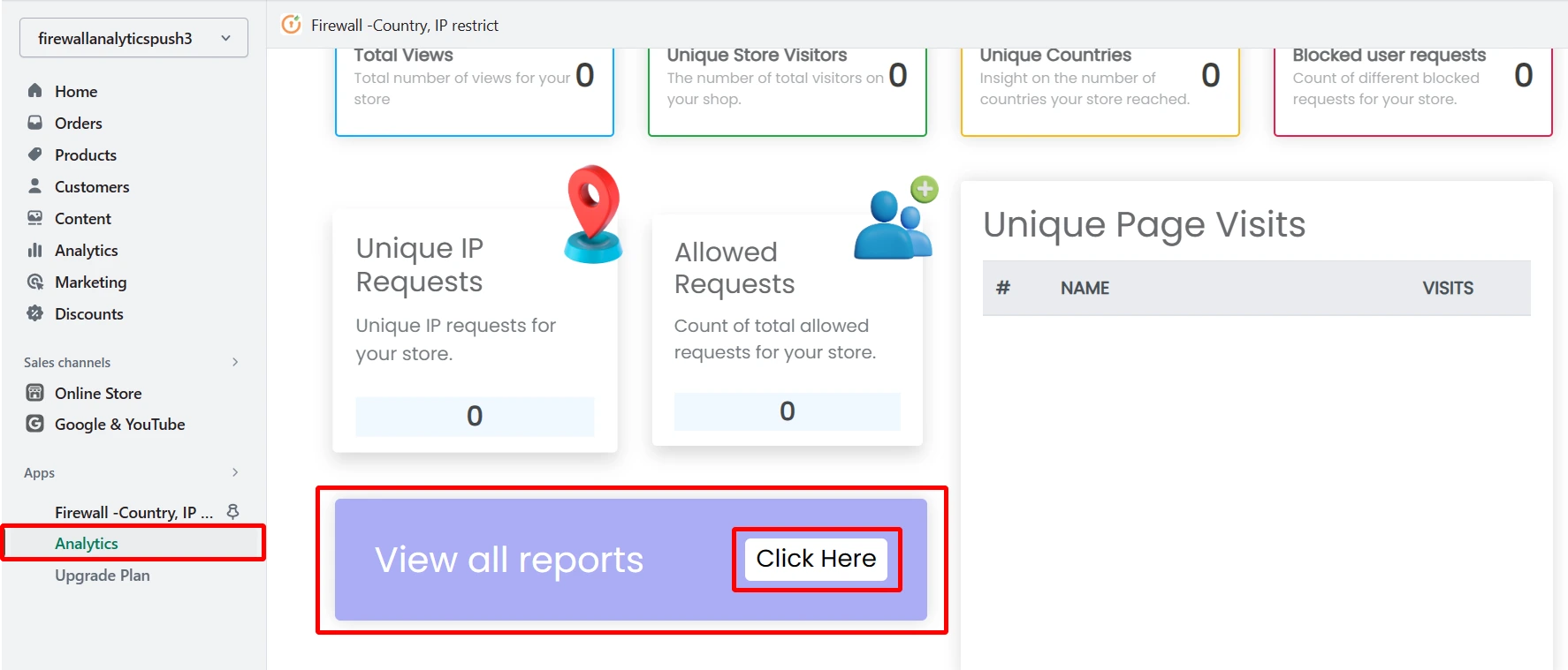 analytics report section - shopify firewall ip restrict application