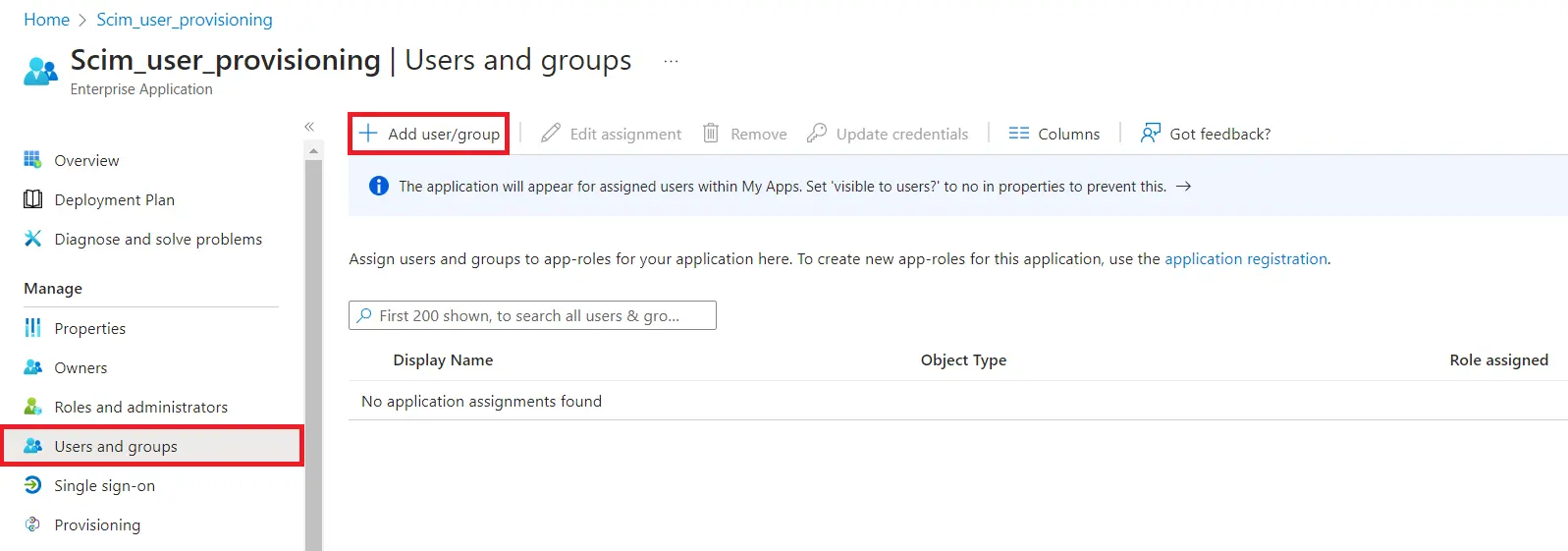 User provisioning with Azure AD of SCIM Standard Add users and groups to application