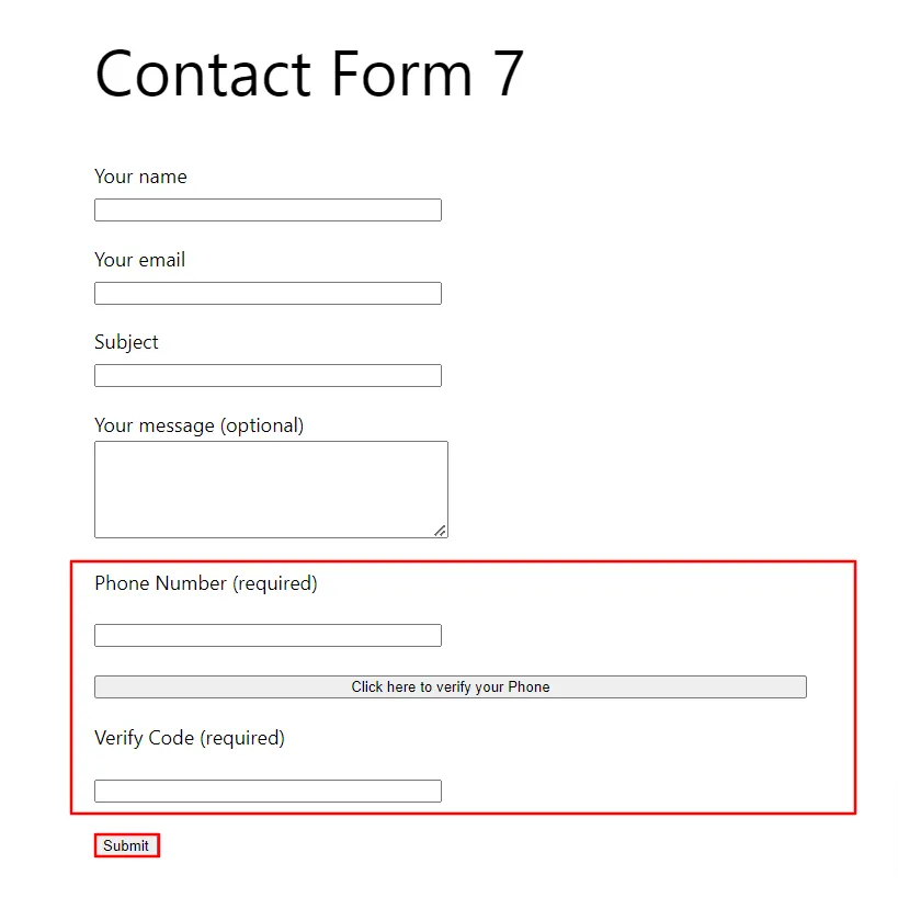 Formulario de contacto 7 Verificación por SMS: consulte el campo Verificación por teléfono