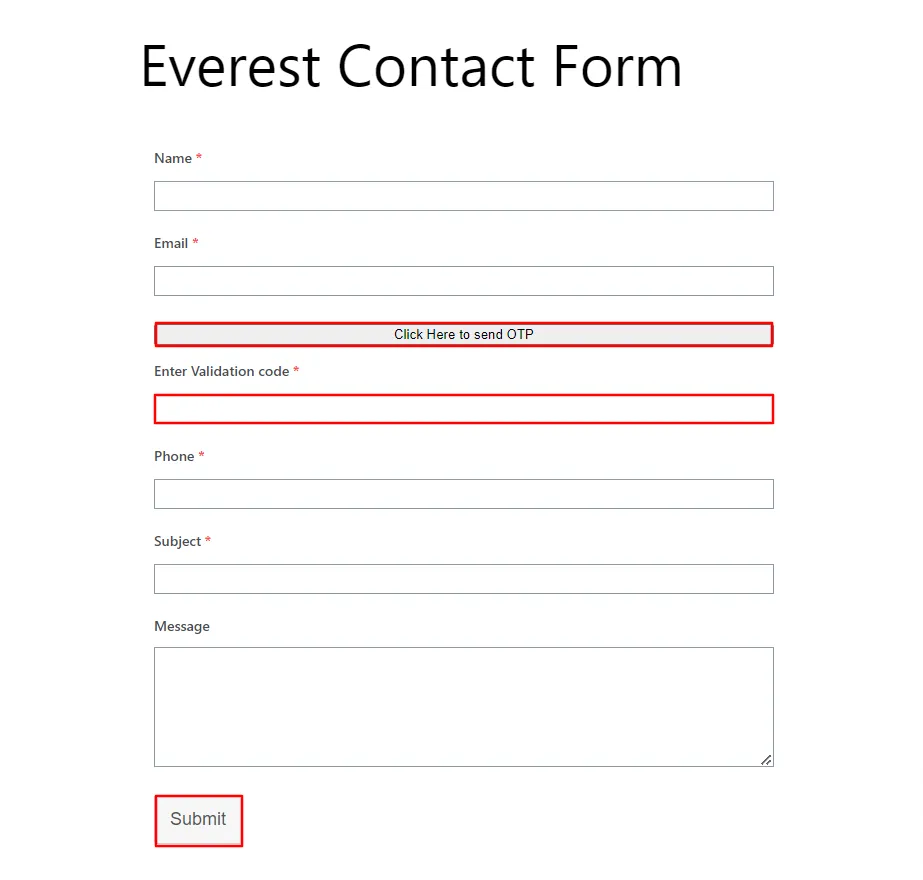 Formulaire de contact Everest - cliquez sur le bouton Envoyer OTP