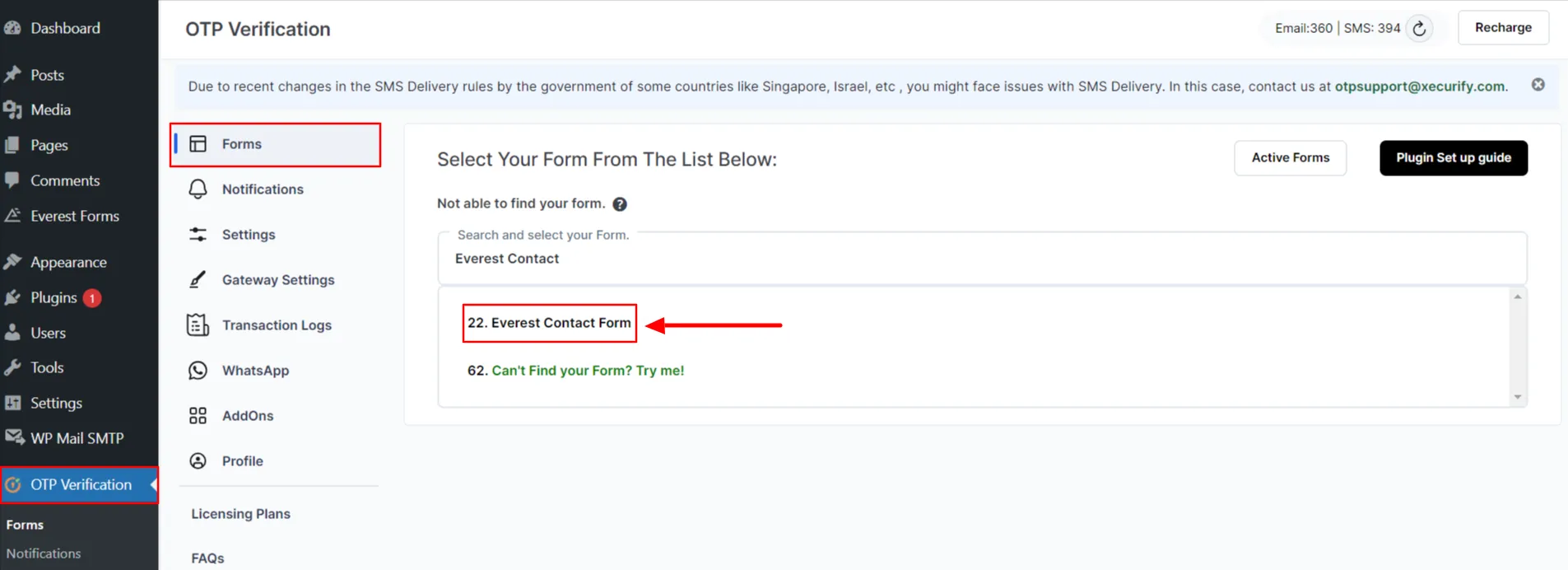 Everest Contact form - search User Registration Forms