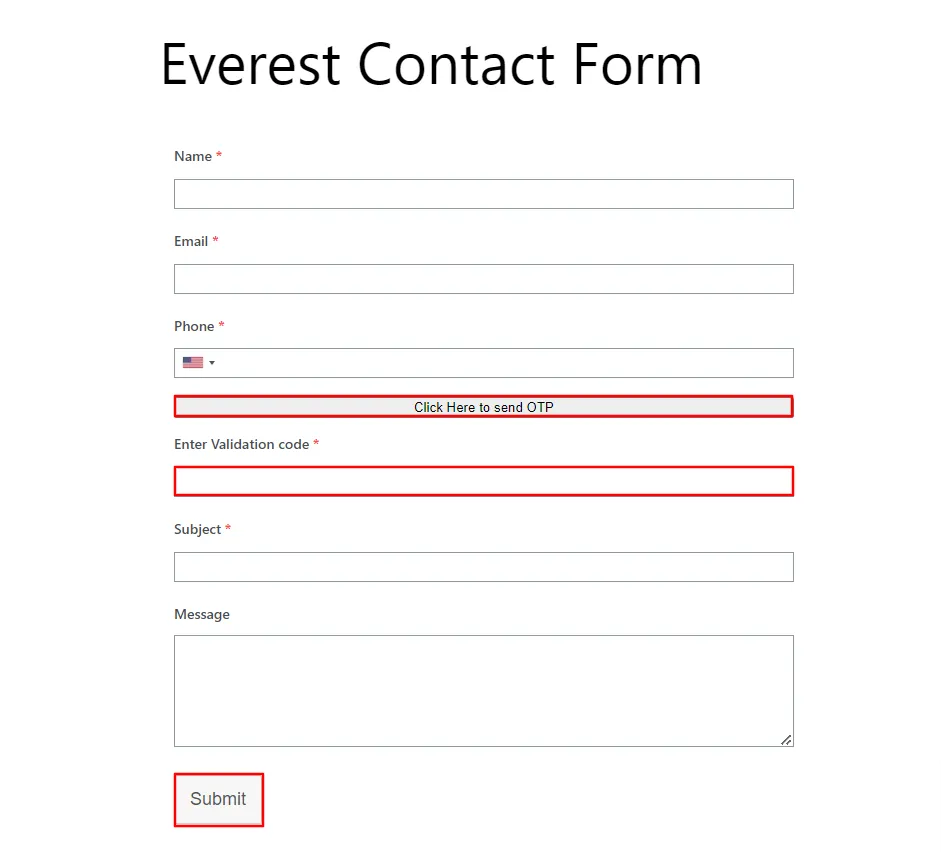 Formulario de contacto del Everest: haga clic en el botón enviar OTP