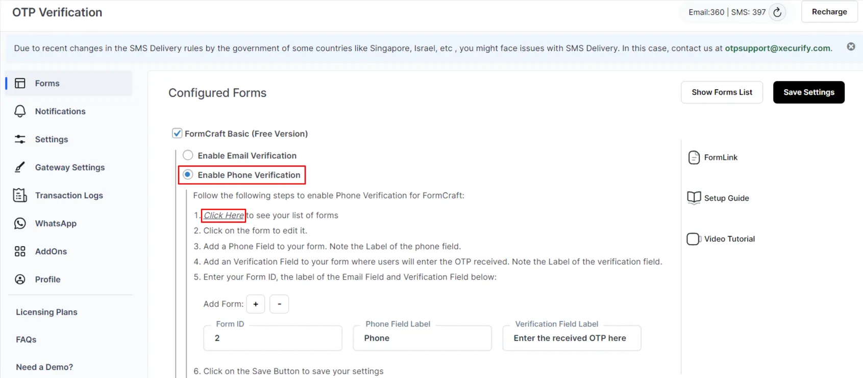 Verificación otp gratuita de formcraft básico: habilitar la verificación por teléfono