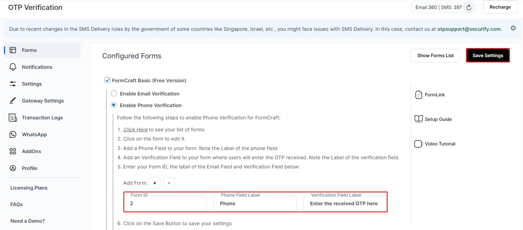 Free otp verification formcraft basic - Save settings button