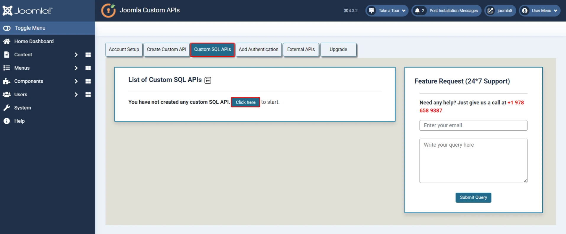 Joomla Create SQL API
