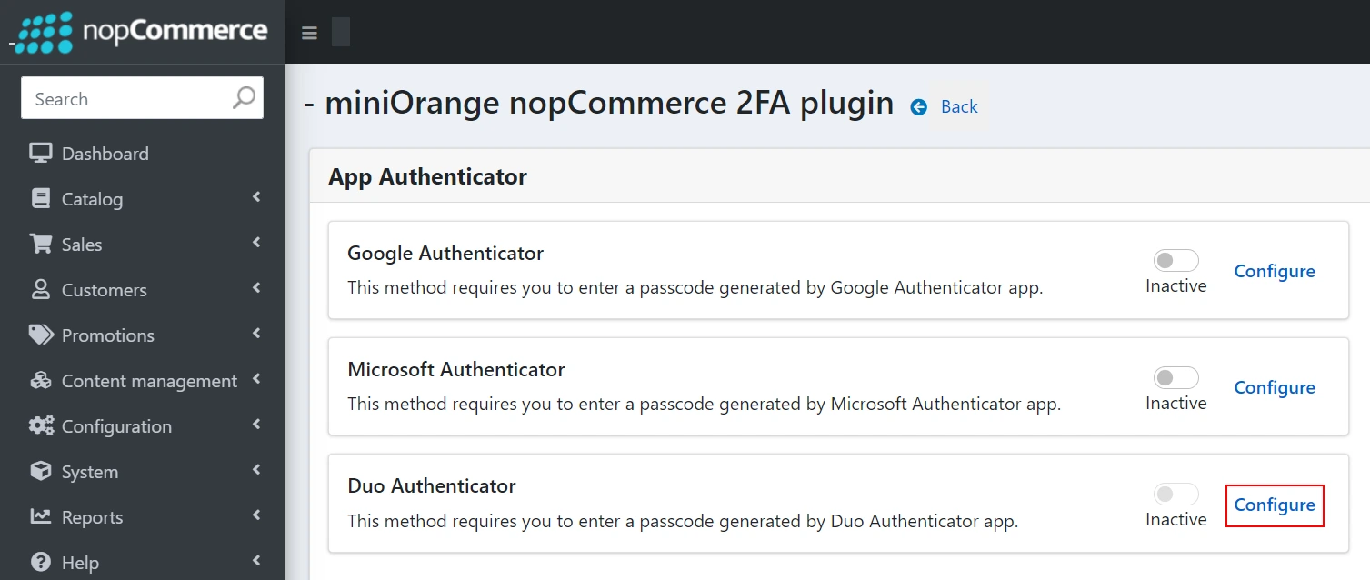nopCommerce Two-factor Authentication using Duo Authenticator | nopCommerce 2FA - Click on configure in Duo Authenticator