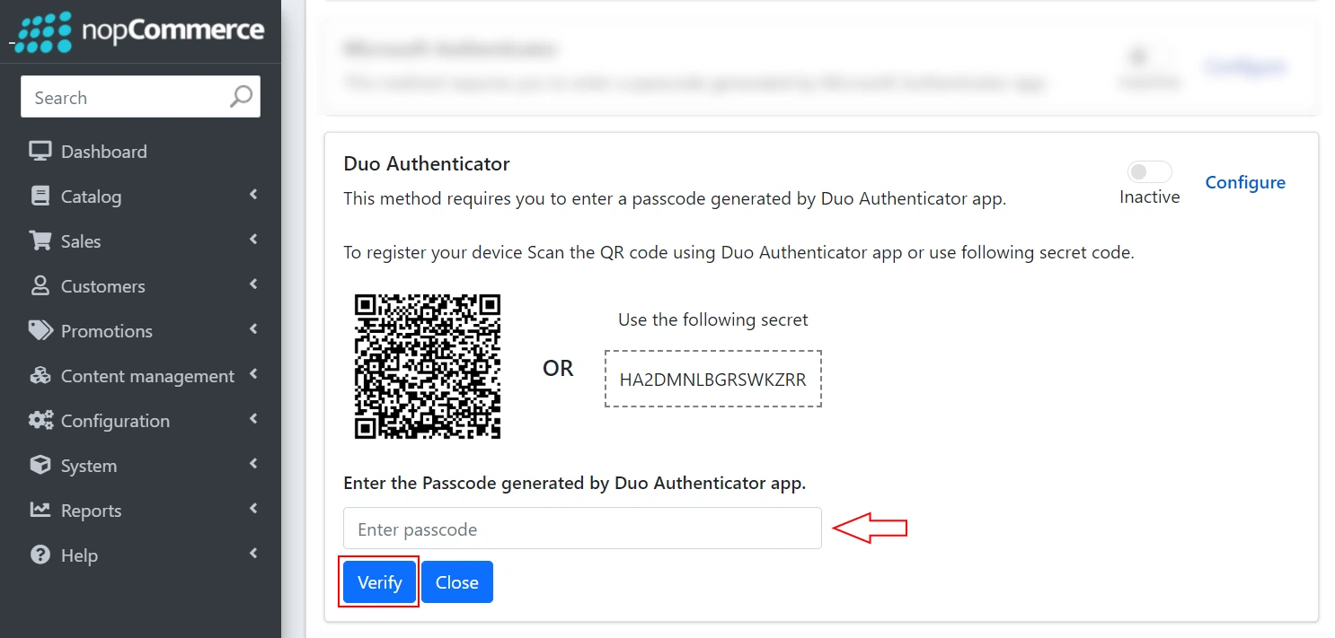 nopCommerce Two-factor Authentication using Duo Authenticator | nopCommerce 2FA - Duo Authenticator scan QR code