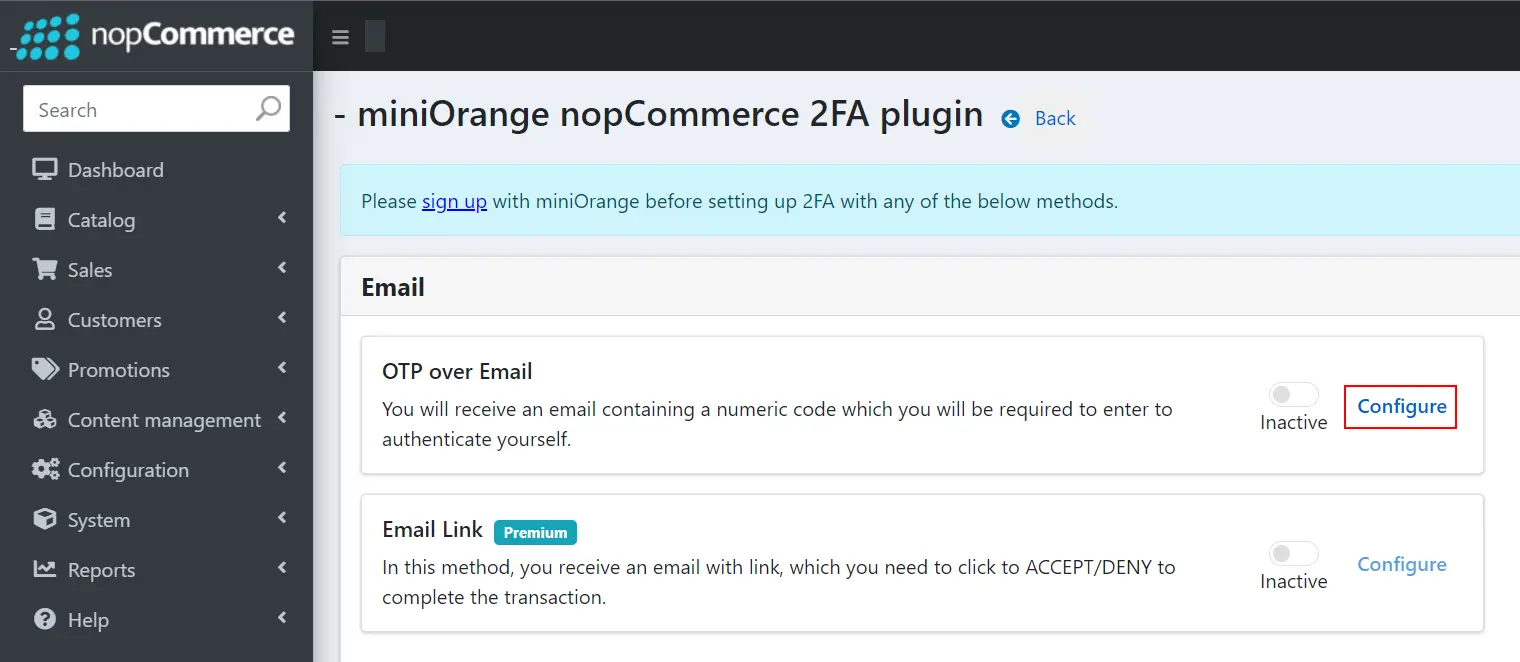 nopCommerce Two-factor Authentication using OTP over Email | nopCommerce 2FA - Click on configure in OTP over Email