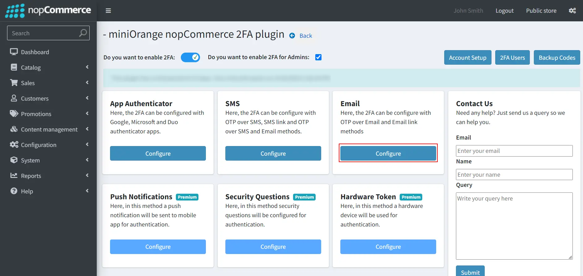 nopCommerce Two-factor Authentication using OTP over Email | nopCommerce 2FA - Click on configure