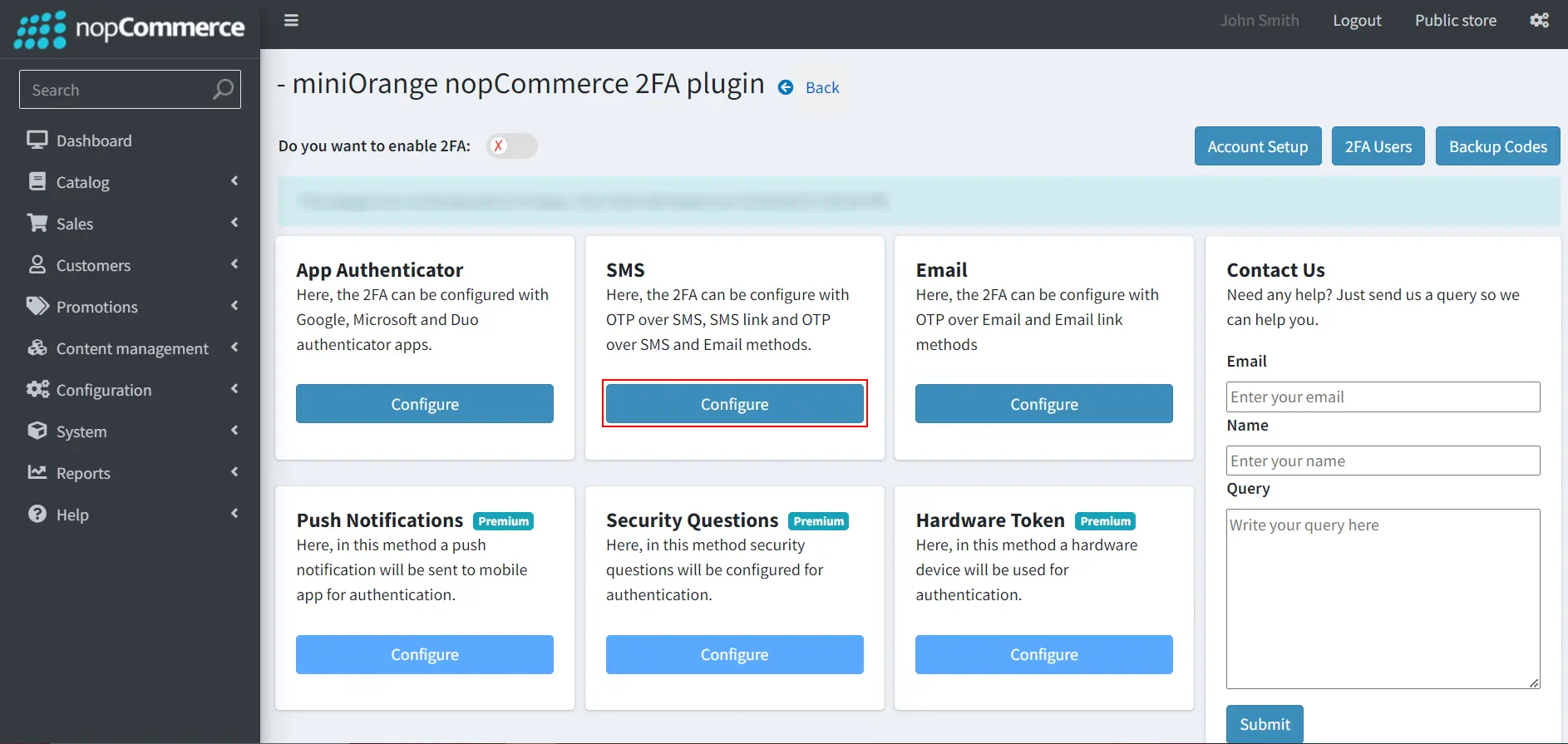 nopCommerce Two-factor Authentication using OTP over SMS | nopCommerce 2FA - Click on configure
