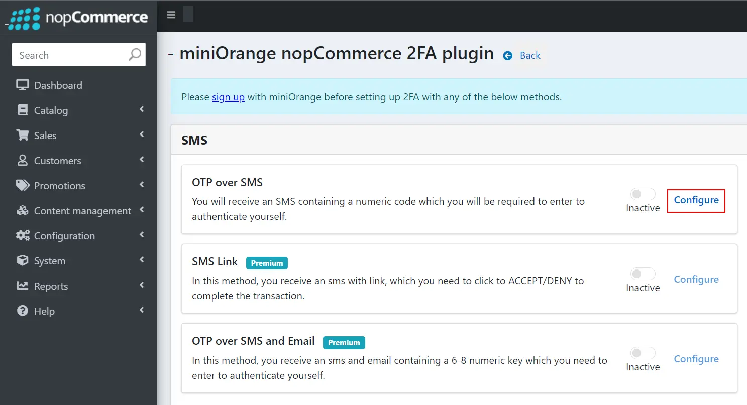 nopCommerce Two-factor Authentication using OTP over SMS | nopCommerce 2FA - Click on configure in OTP over SMS