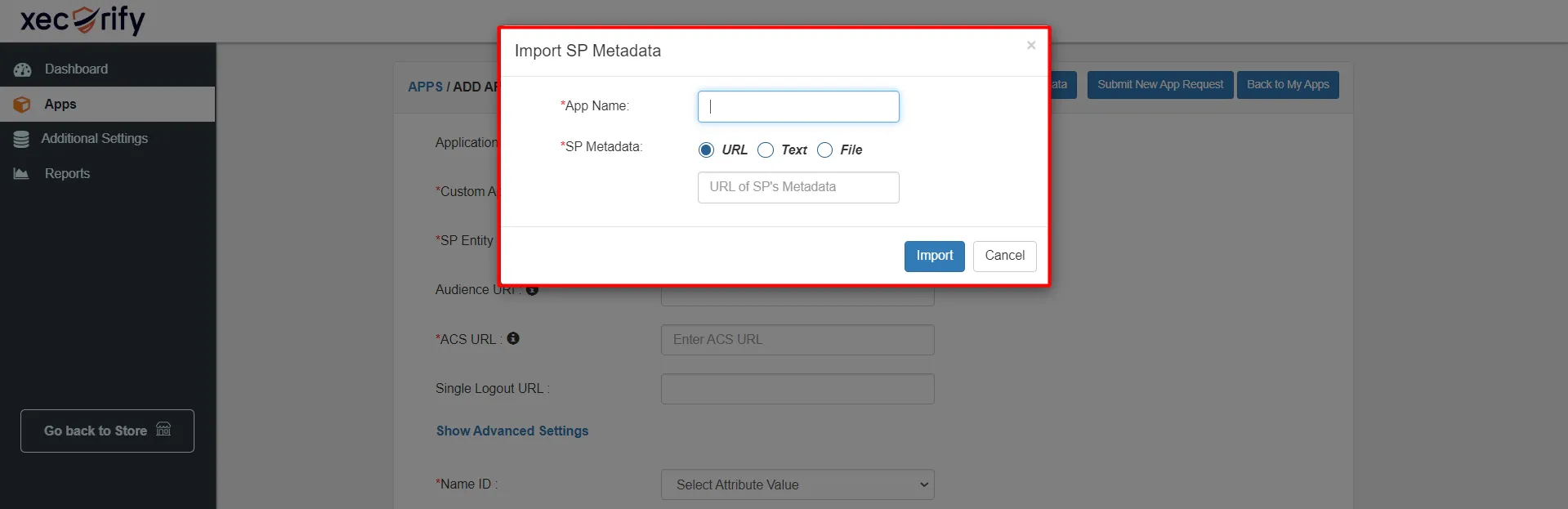 IDP로 Shopify - Shopify 자격 증명을 사용하여 로그인 - SP 메타데이터 입력