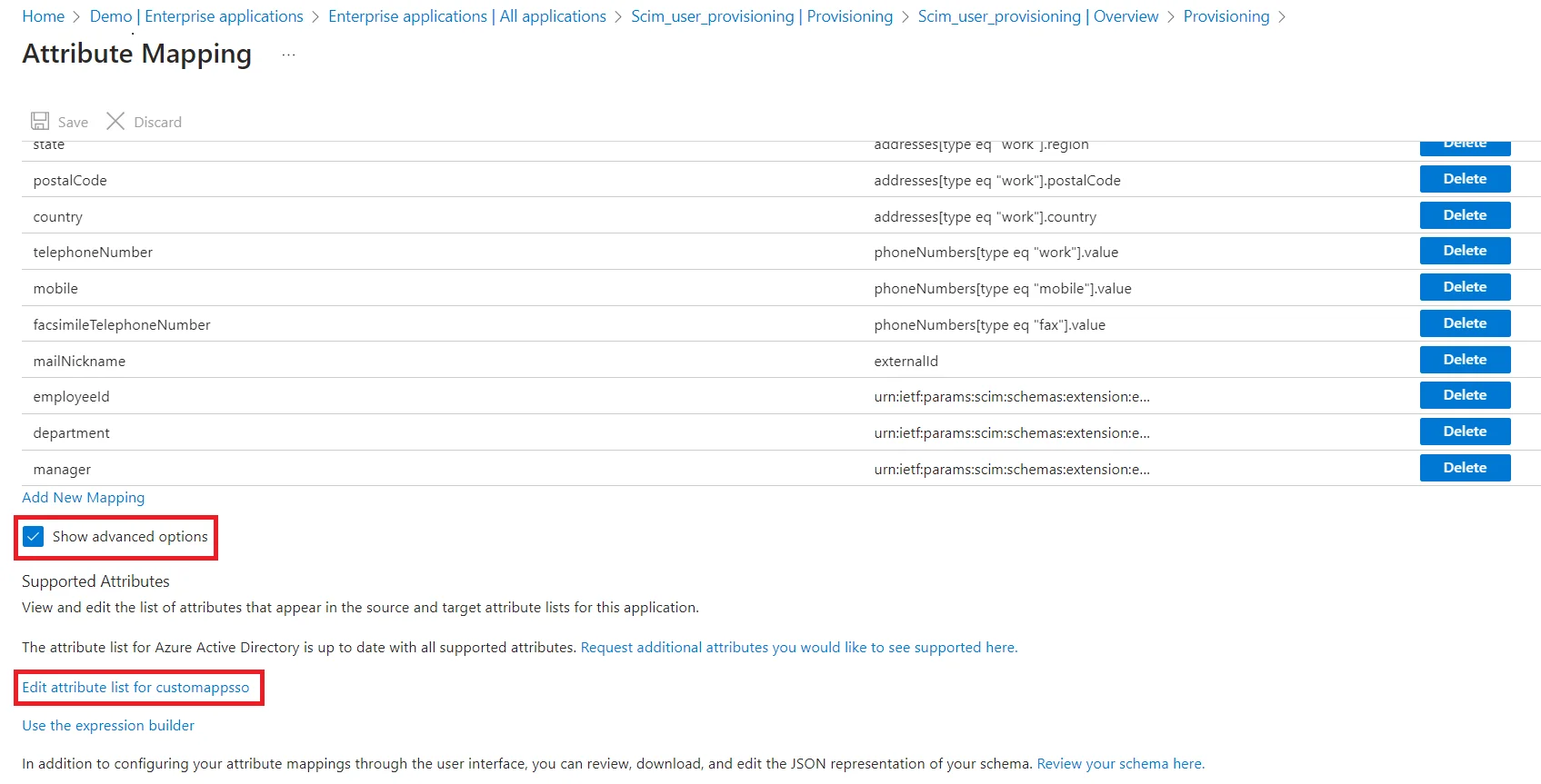 SCIM User Provisioning (User Account Management) Edit attribute list for customappsso