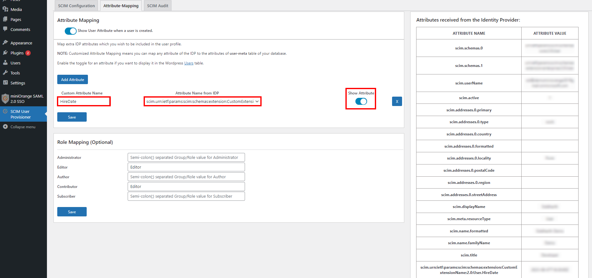 SCIM User Provisioning (User Account Management) Attribute Mapping in WordPress with Azure AD
