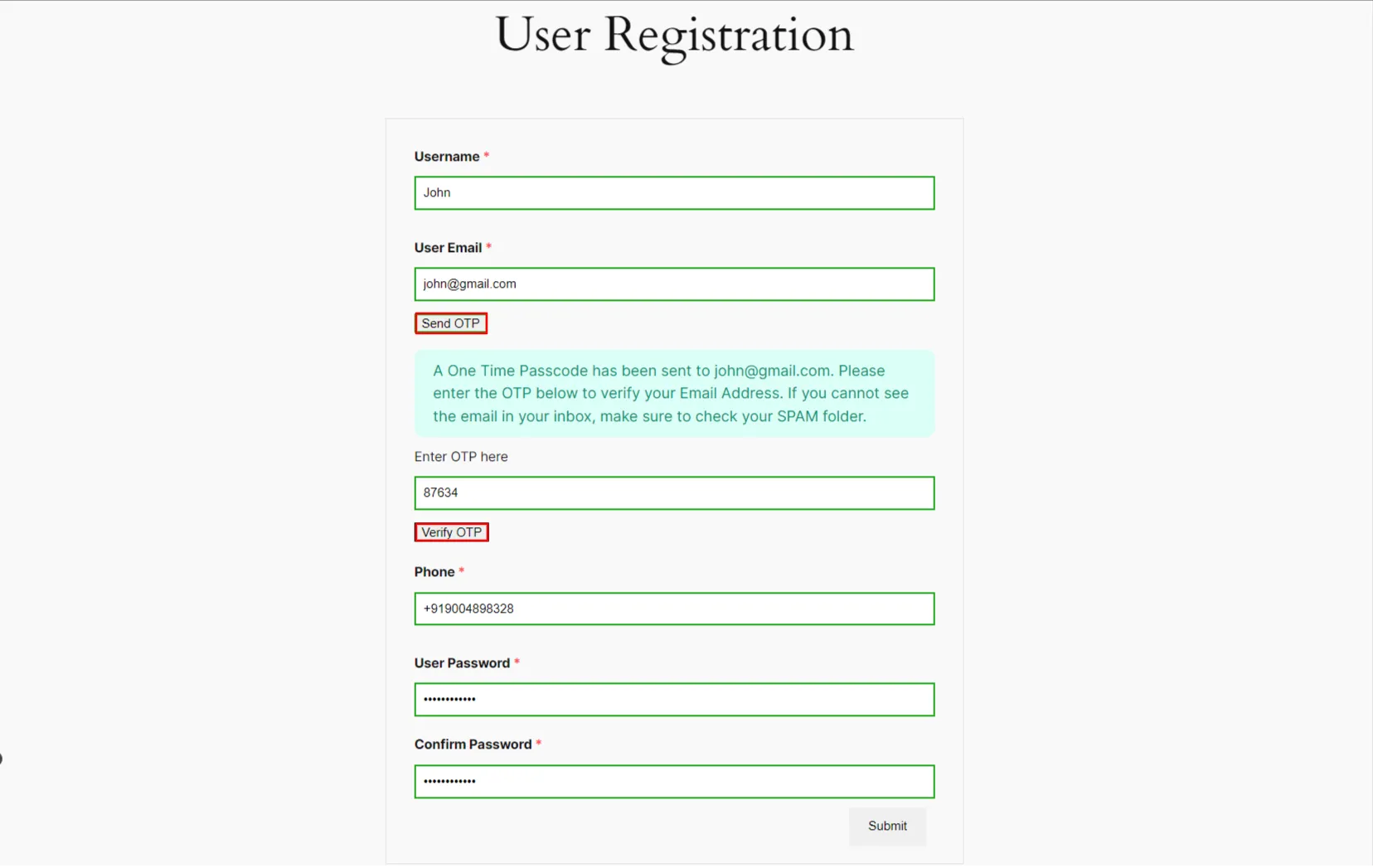 Formularios de registro de usuario - WP Everest - haga clic en el botón enviar OTP